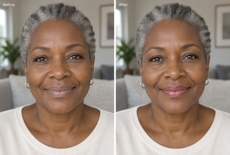 Before and after on deeper skin: bare lips vs. lips with TrueShade applied